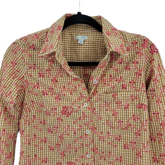 Odille Top Button Up Cottagecore Gingham Eyelet Floral Embroidered Mustard Sz 0 - Picture 5 of 9